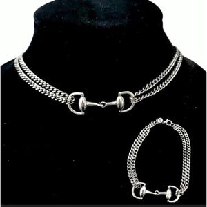Sterling Silver HorseBit Necklace Bracelet Set Matching Snaffle Stirrup D Ring